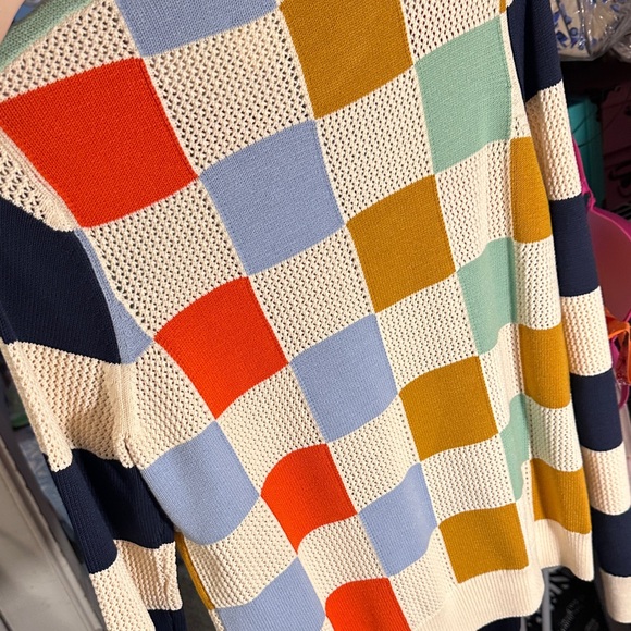 Tory Sport Colorblock Checker Knit Sweater in Ivory, Blue, Mustard & Coral - Picture 8 of 8